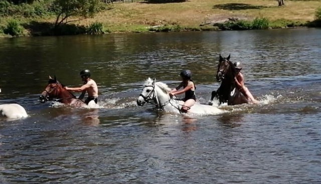 Cruzar un río a caballo durante nuestros paseos a caballo 