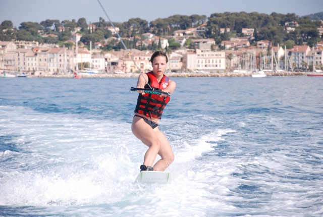  In the middle of a wakeboarding session 