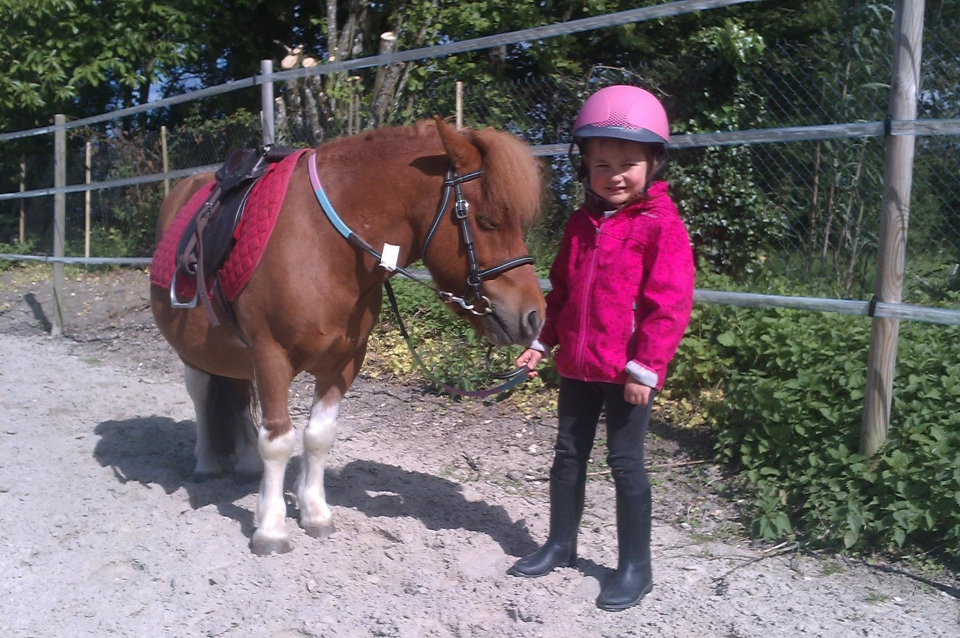 A little rider next to her pony 
